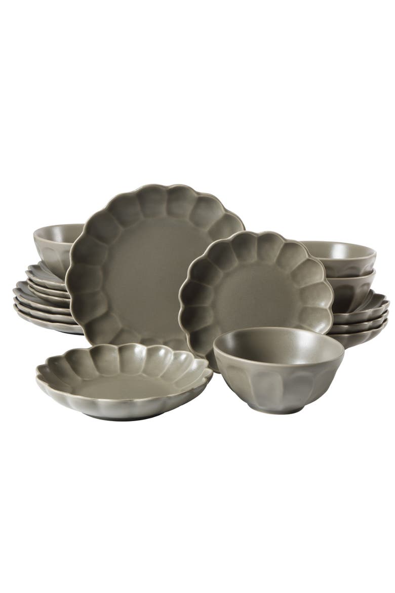 Yuelu Bloom 16 Piece Plates and Bowls Scallop Embossed Dinnerware Set, Main, color, Olive Stone