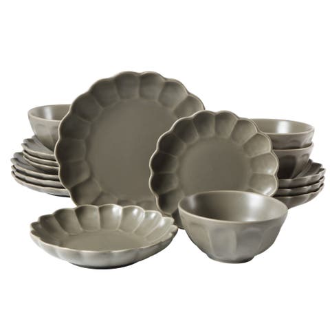 Yuelu Bloom 16 Piece Plates and Bowls Scallop Embossed Dinnerware Set