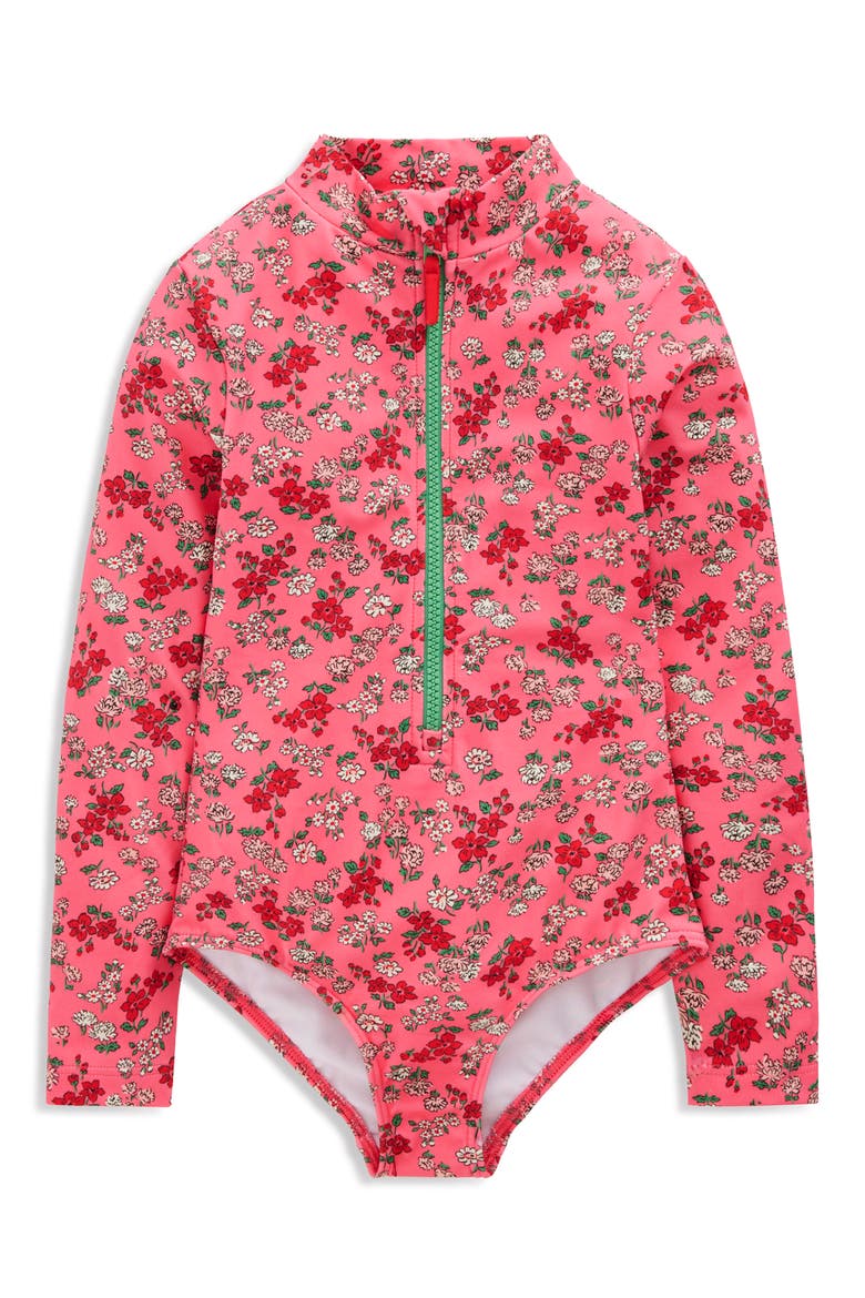Kids' Long Sleeve One-Piece Swimsuit, Main, color, SALMON PINK MEADOW FLORAL