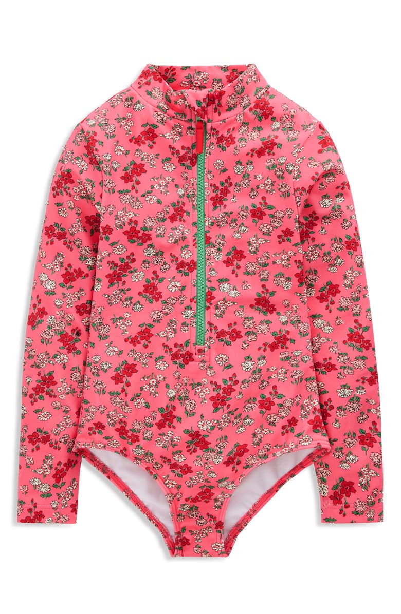 Mini Boden Kids' Long Sleeve One-Piece Swimsuit, Main, color, Salmon Pink Meadow Floral