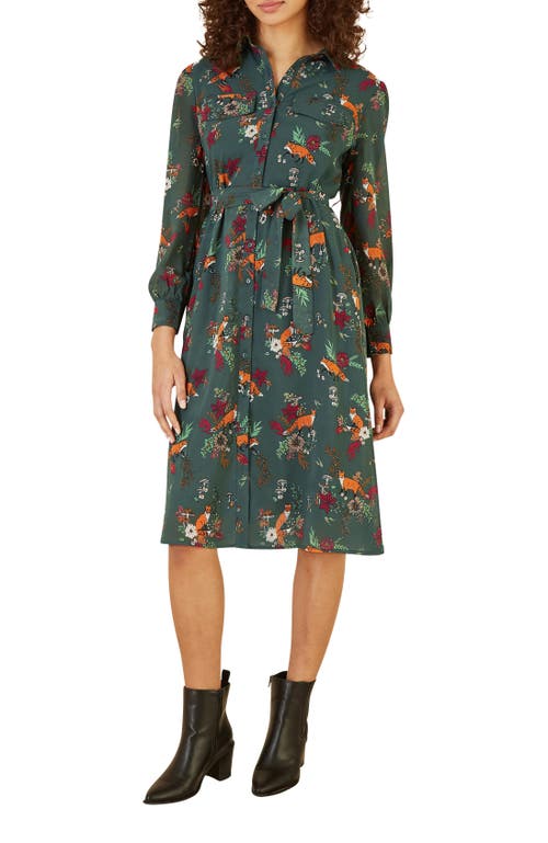 Yumi Fox Print Shirt Midi Dress In Green