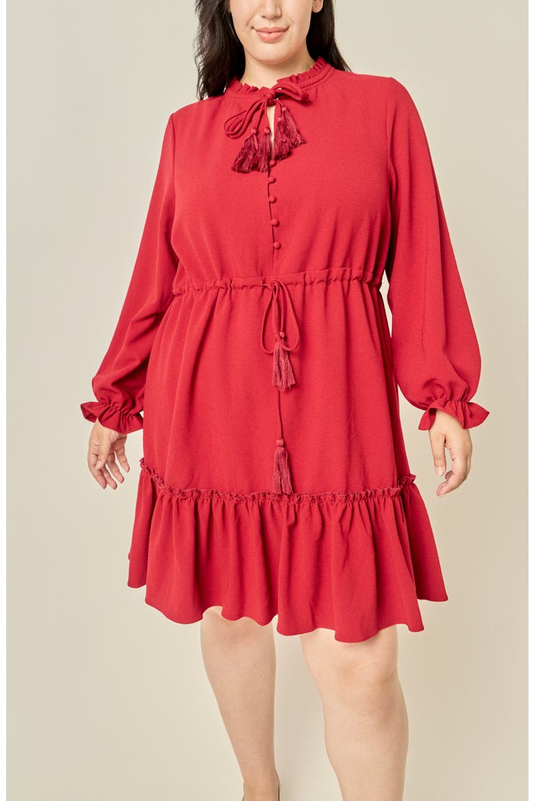 Tassel Trim Ruffle Dress, Alternate, color, BURGUNDY