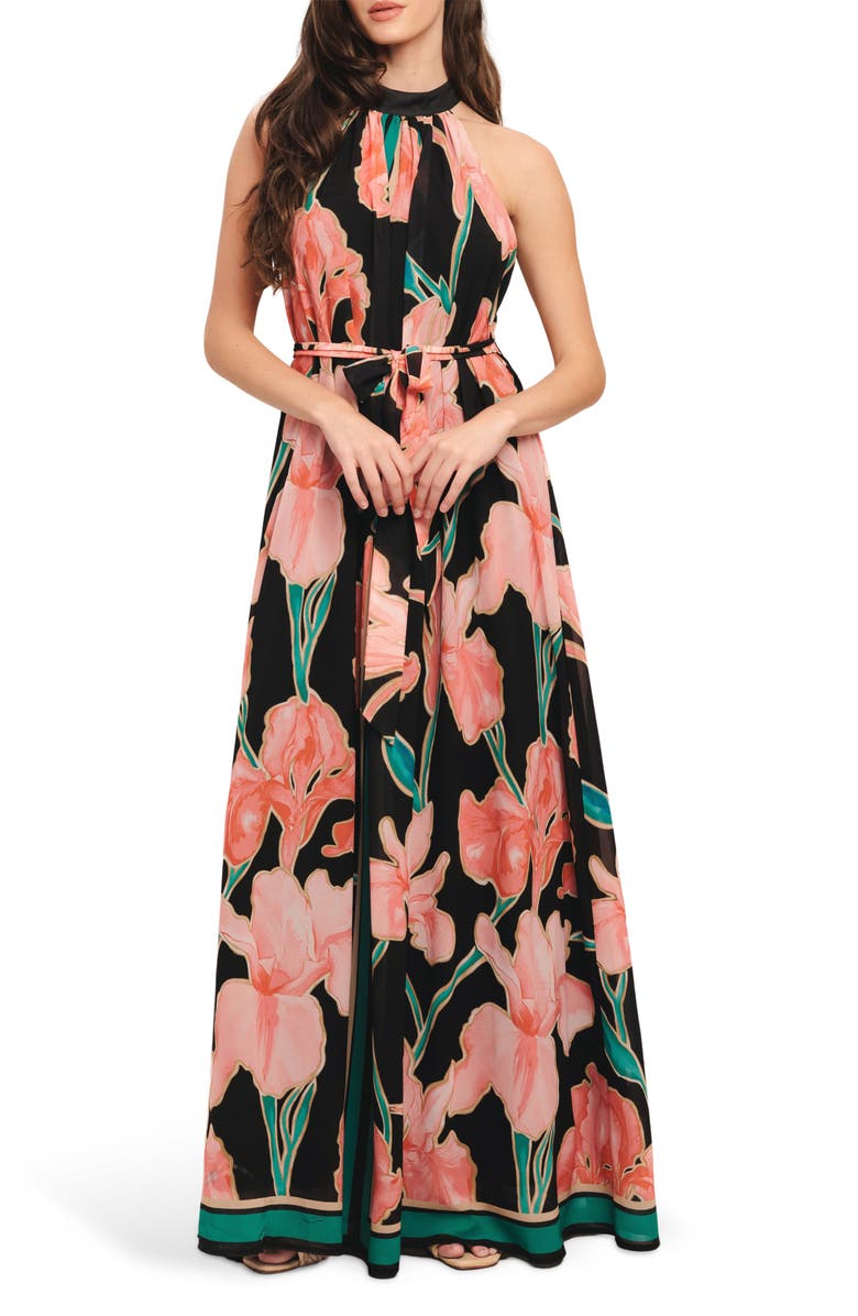 FLYING TOMATO Floral Halter Neck Maxi Dress, Main, color, Black Floral