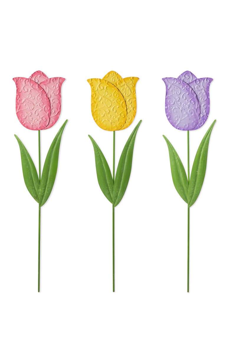 Glitzhome Set of 3 Easter Metal Tulips Yard Stake, Main, color, Yellow