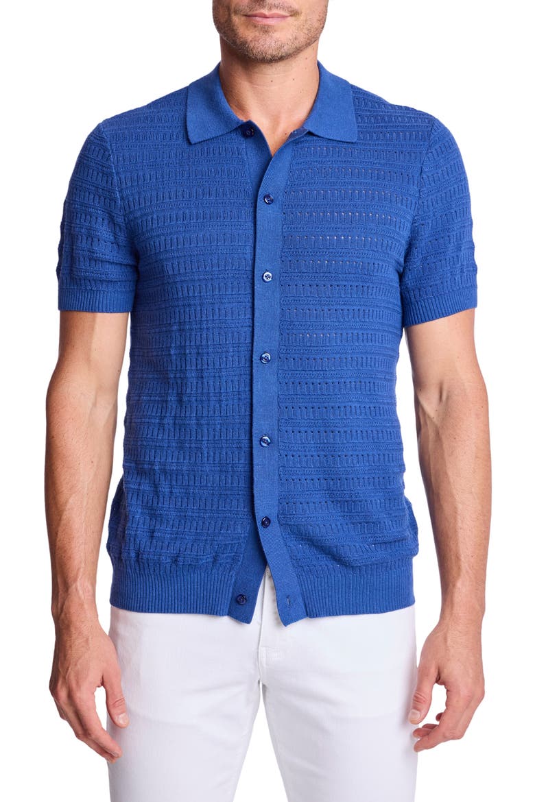Trim Fit Geometric Knit Button-Up Polo, Main, color, DEEP DUSTY BLUE