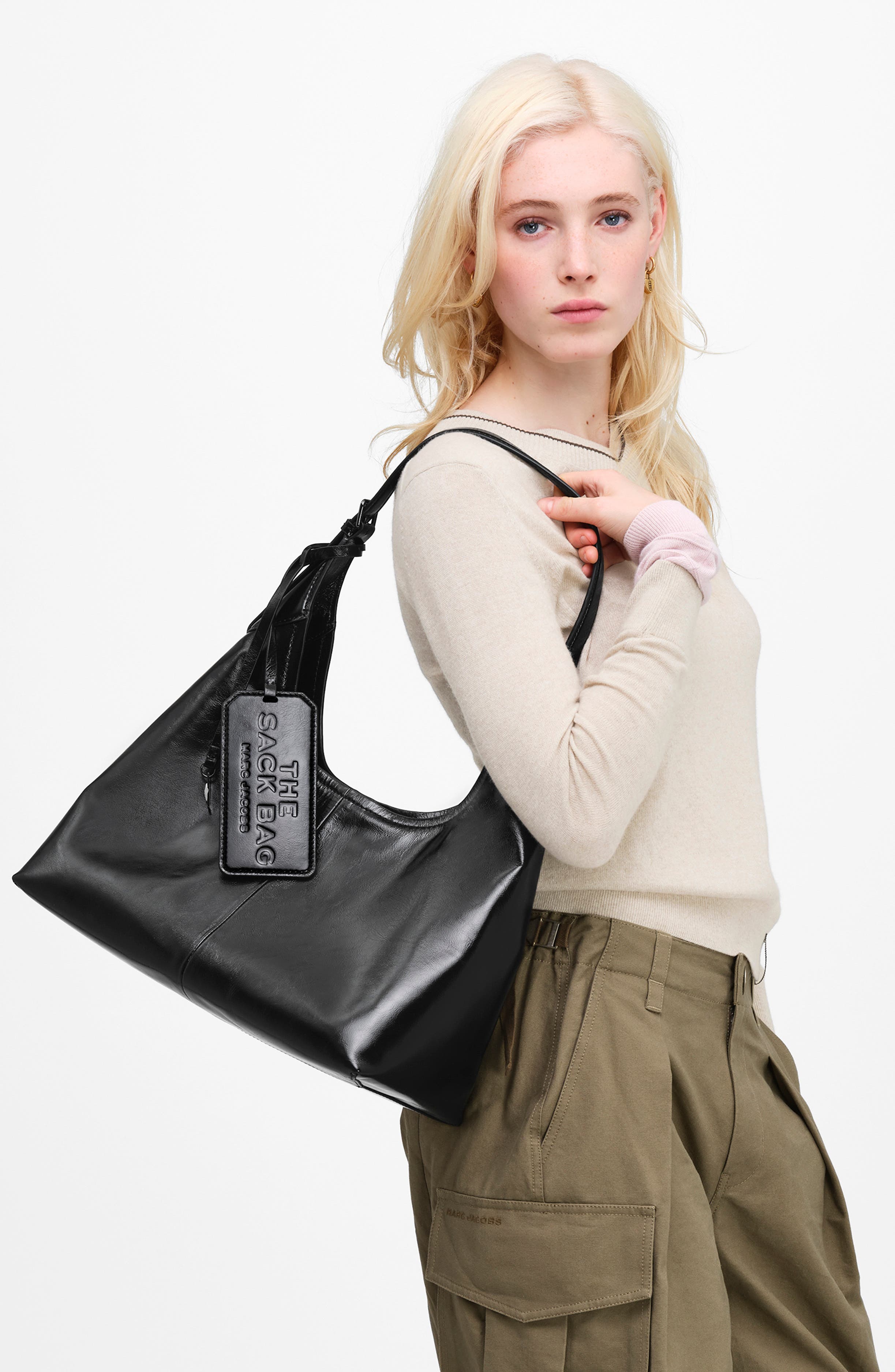 The Belted Sack Bag Crinkled Leather Hobo, Alternate, color, BLACK
