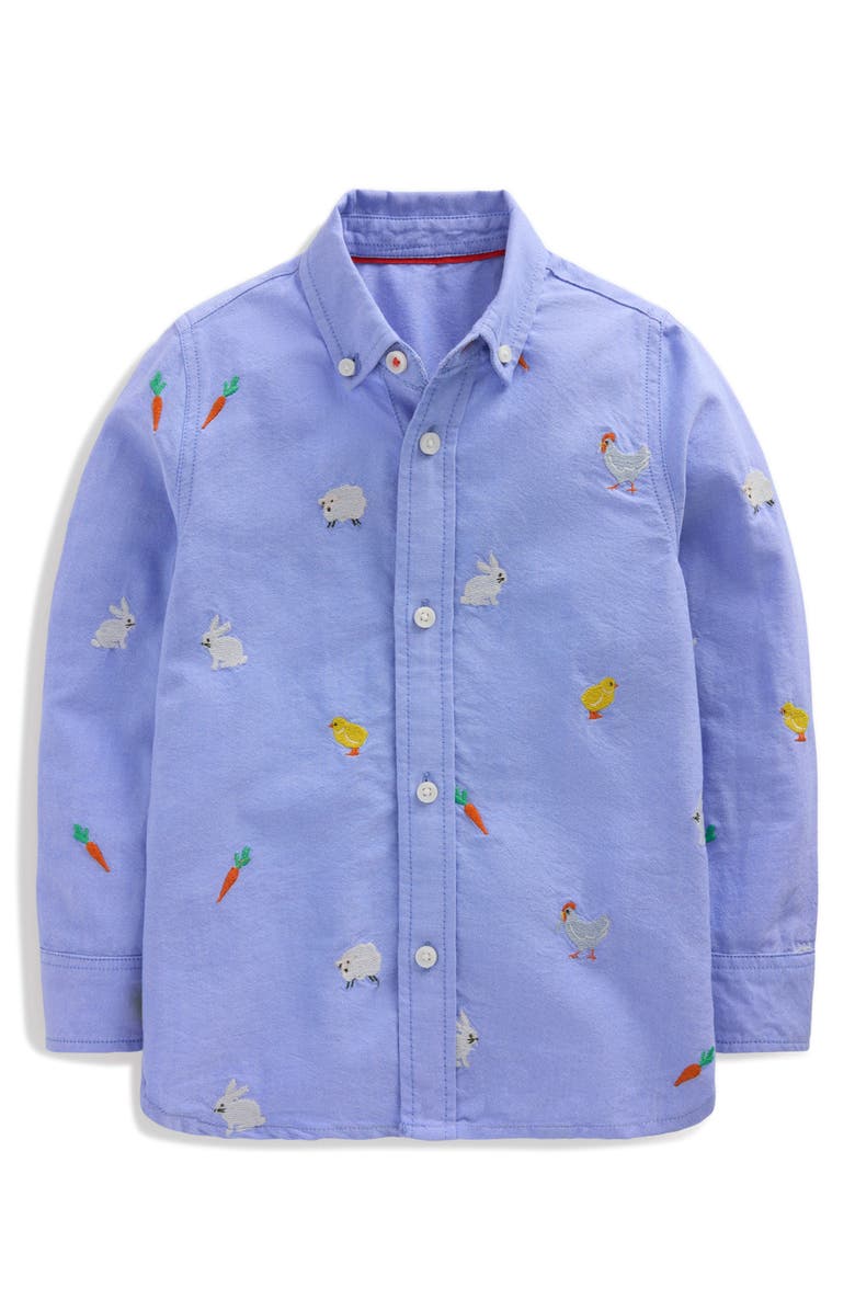 Mini Boden Kids' Animal Embroidered Cotton Button-Down Shirt, Main, color,
