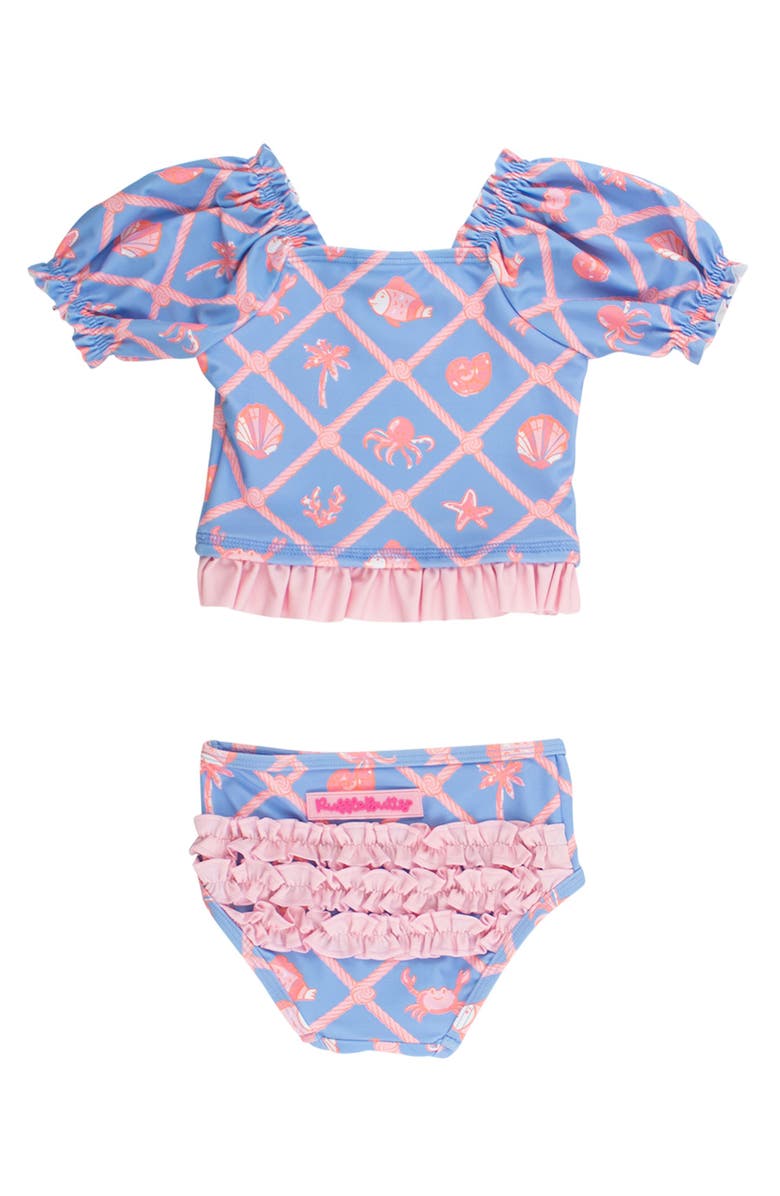 RuffleButts UPF50+ Puff Sleeve Ruffle Tankini 2-Piece Swimsuit, Alternate, color, Tropical Trellis