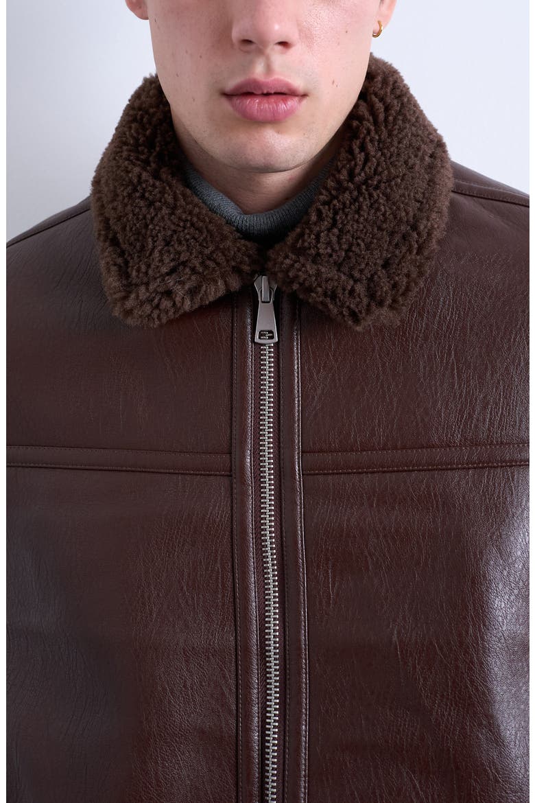 Faux Shearling & Faux Leather Bomber Jacket, Alternate, color, BROWN