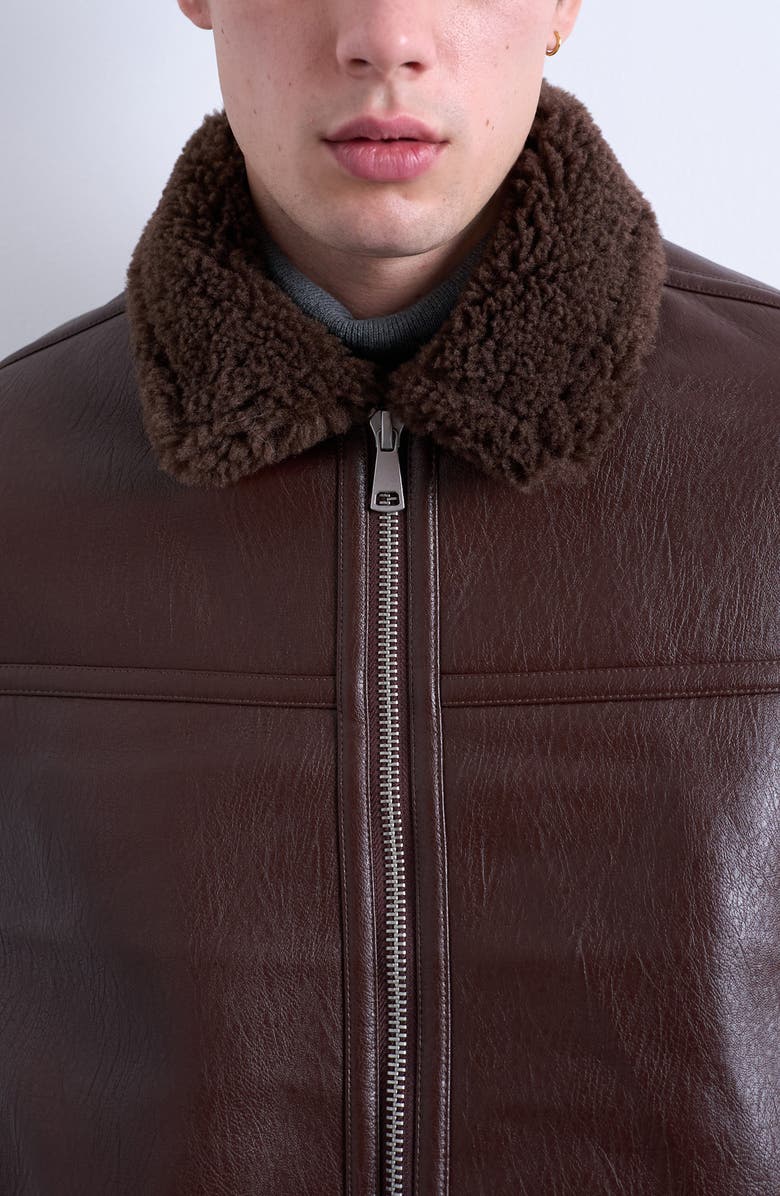 Topman Faux Shearling & Faux Leather Bomber Jacket, Alternate, color, Brown