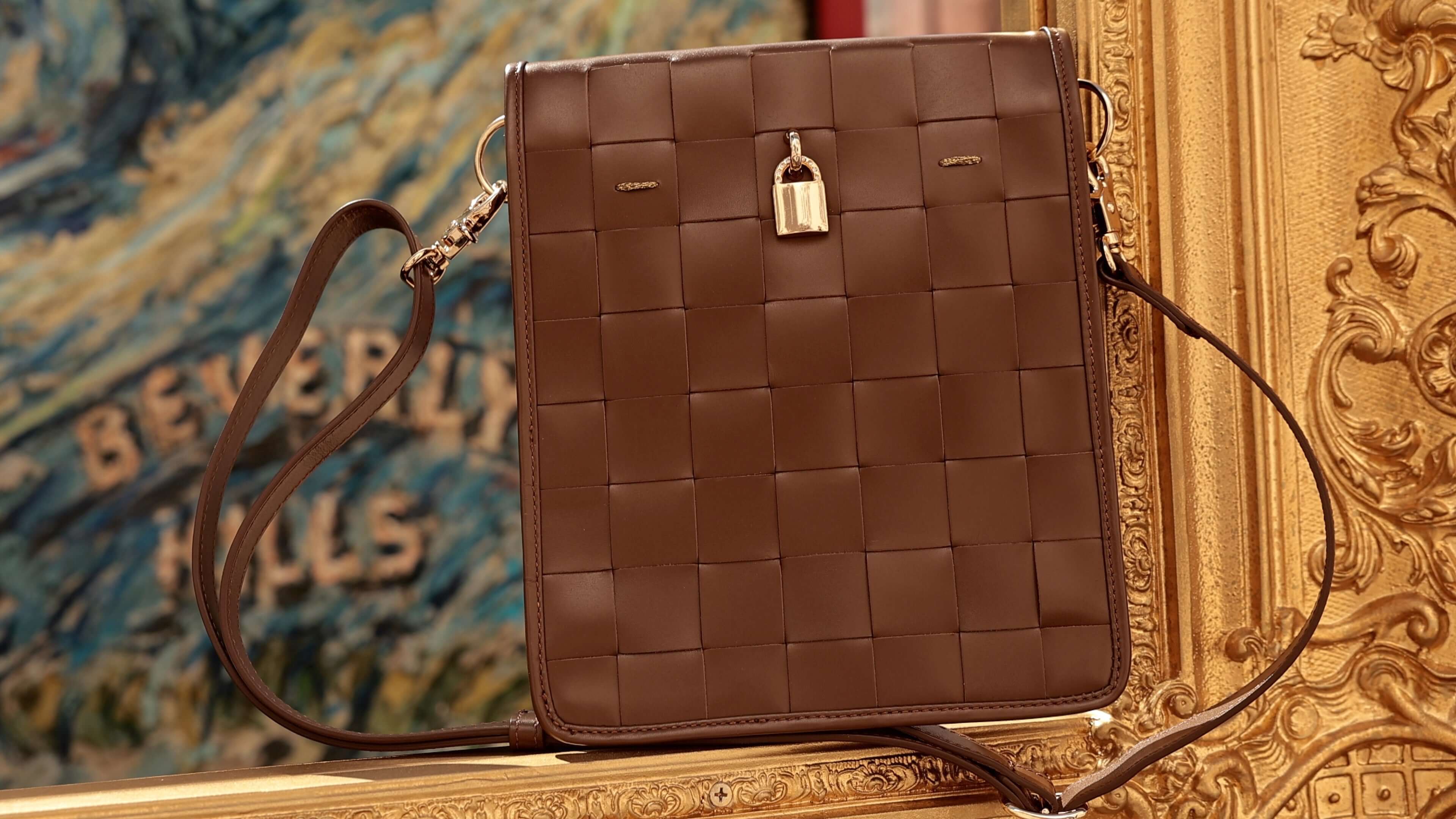 Woven Leather Lock Crossbody Bag, Alternate, color, Chocolate