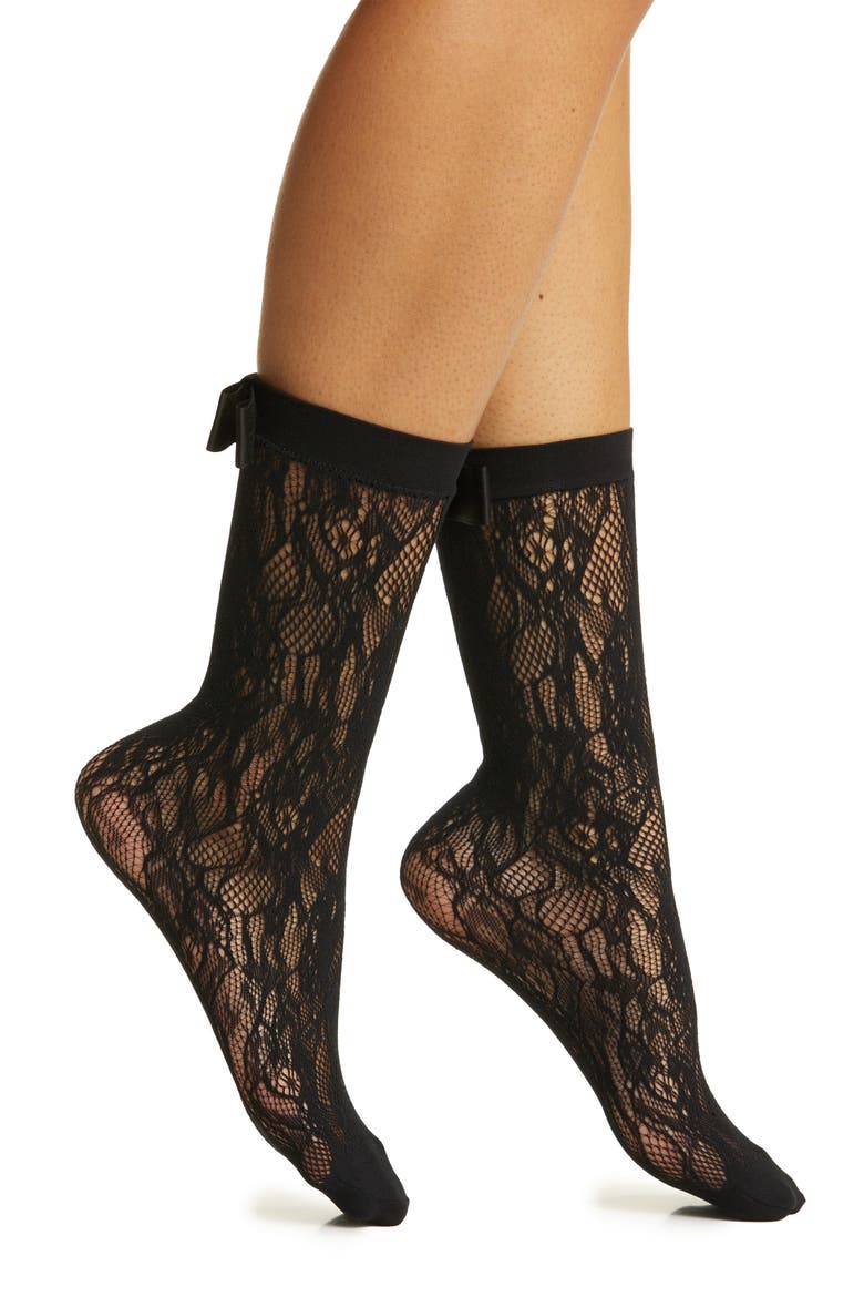 Coco Bow Lace Crew Socks, Main, color, BLACK