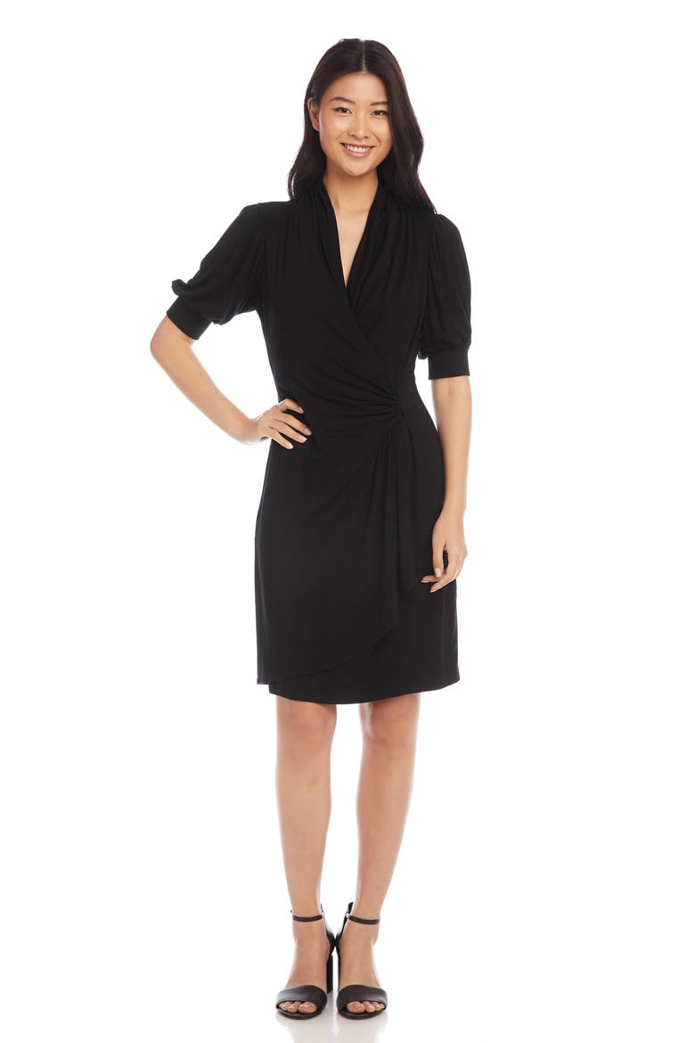 Puff Sleeve Jersey Faux Wrap Dress, Alternate, color, BLACK