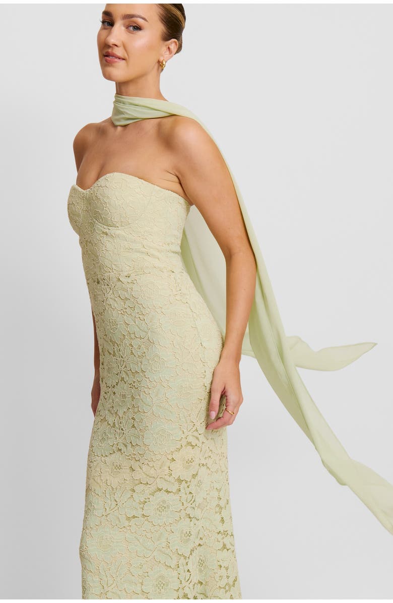 Six Stories Lace Corset Maxi Dress With Neck Scarf, Alternate, color, Sage