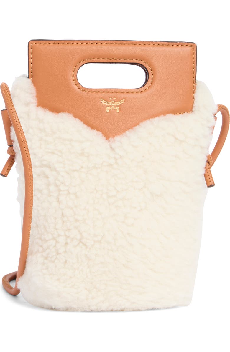 MCM Diamond Genuine Shearling Crossbody Bag, Main, color, White