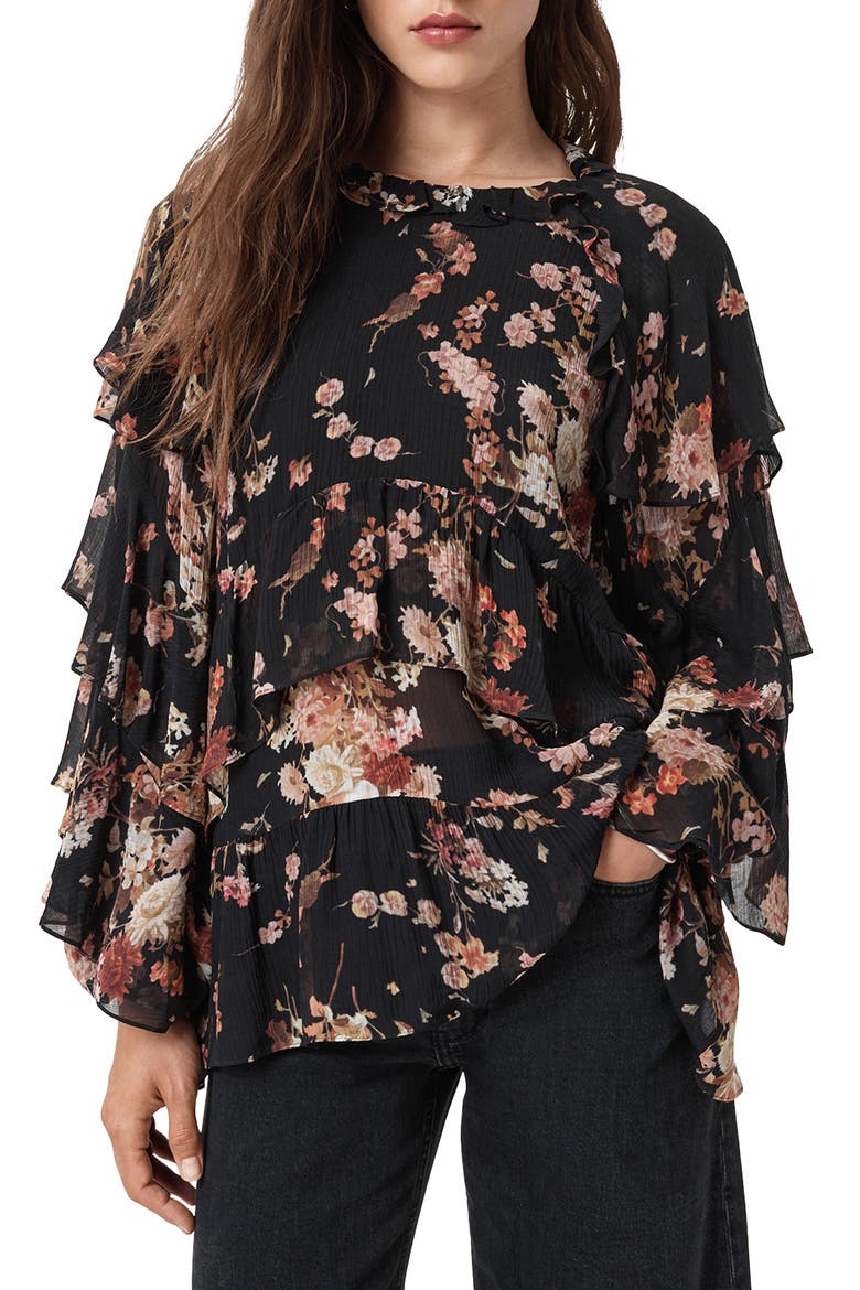 Lissie Floral Print Ruffle Top, Main, color, ARMADA BLACK