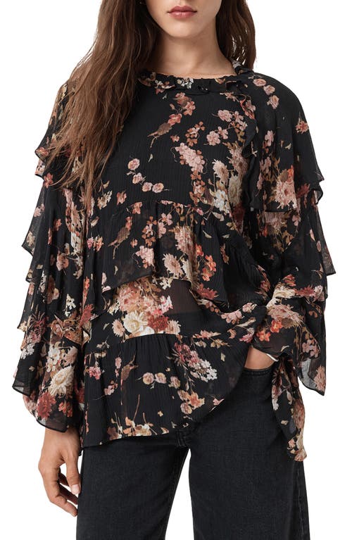 Allsaints Womens Armada Black Lissie Floral Print Ruffled Woven Top In Black
