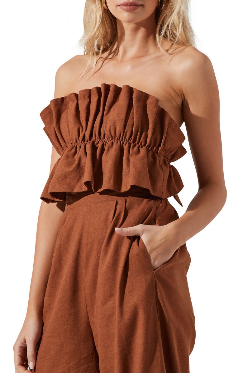 ASTR the Label Ruffle Bodice Tie Back Strapless Cotton & Linen Jumpsuit, Alternate, color,