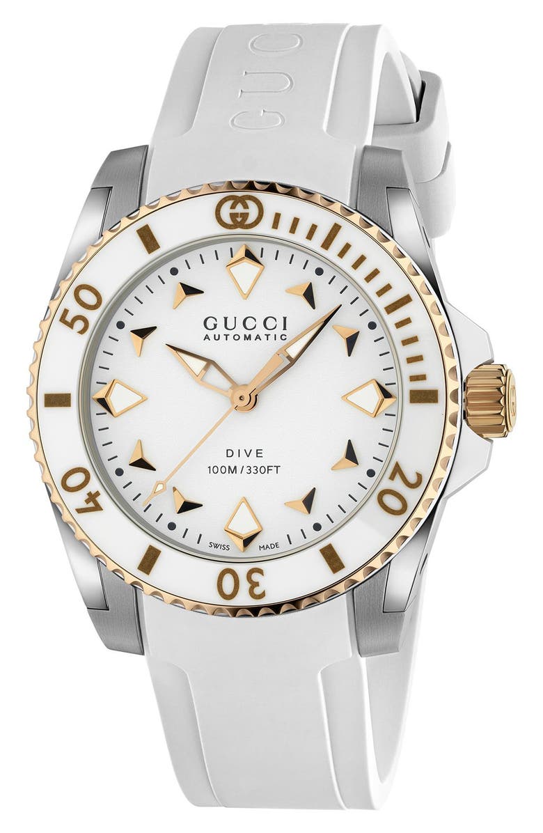 Gucci Dive Automatic Rubber Strap Watch, 36mm, Main, color, White