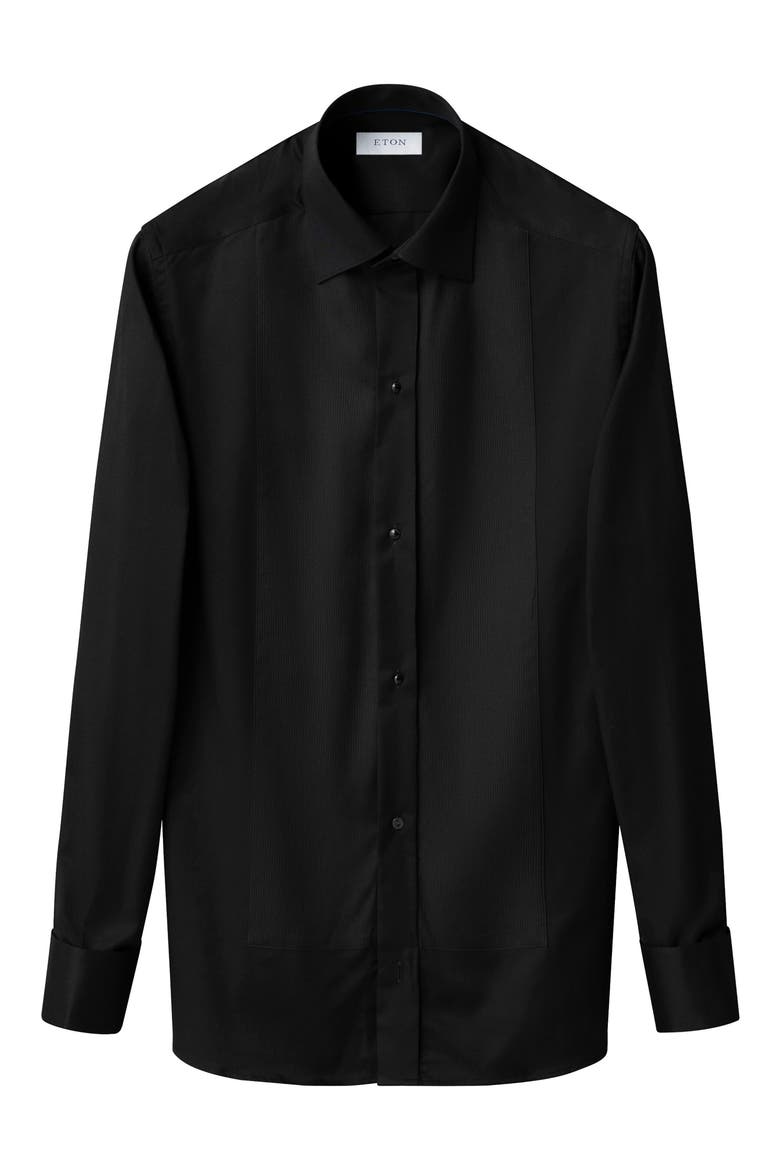 Slim Fit Solid Black Organic Cotton Plissé Tuxedo Shirt, Alternate, color, BLACK