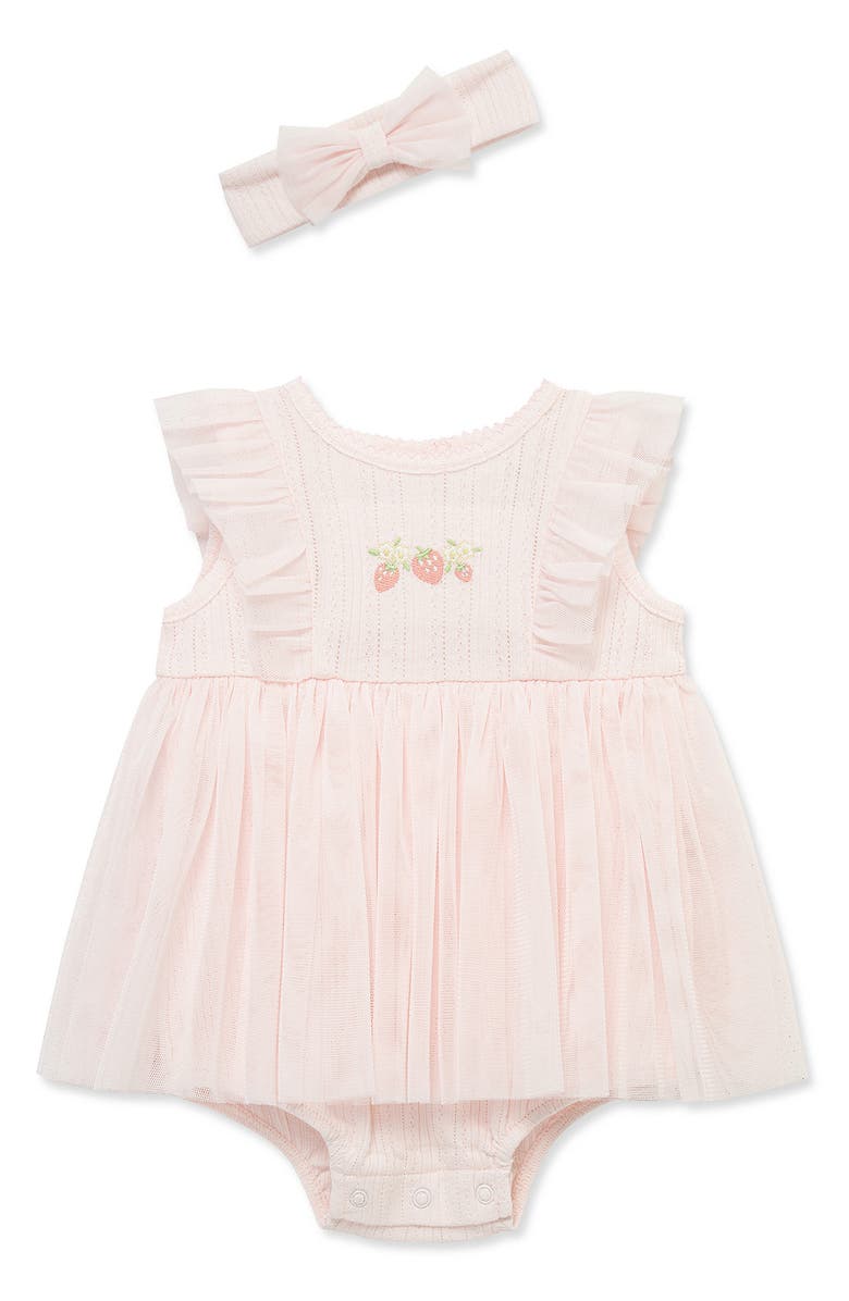 Little Me Strawberry Embroidered Tutu Romper & Headband, Main, color, Pink