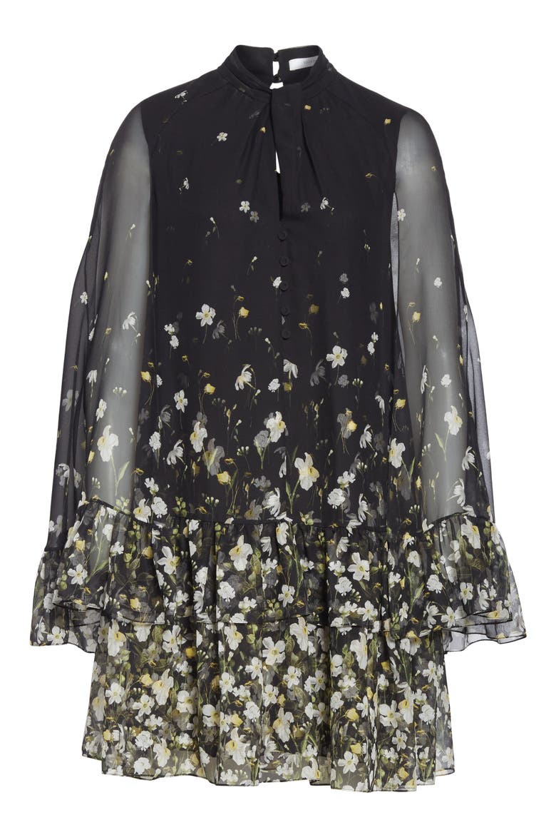 Floral Flounce Cape Sleeve Shift Dress, Alternate, color, BLACK / WHITE
