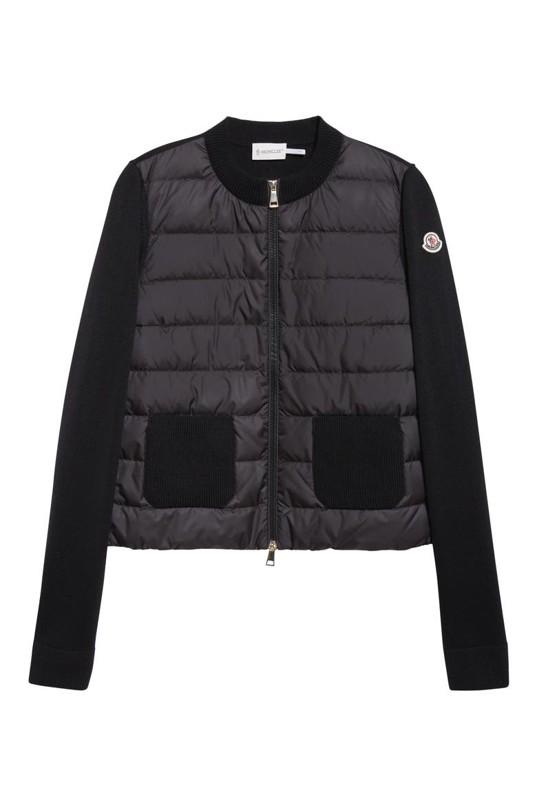 Virgin Wool Knit & Quilted Down Cardigan, Alternate, color, BLACK