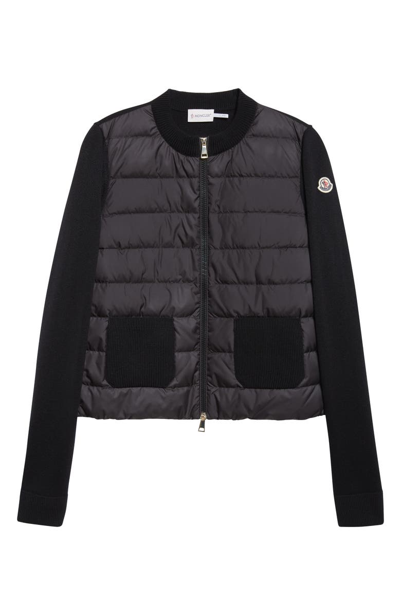 Moncler Virgin Wool Knit & Quilted Down Cardigan, Alternate, color, Black