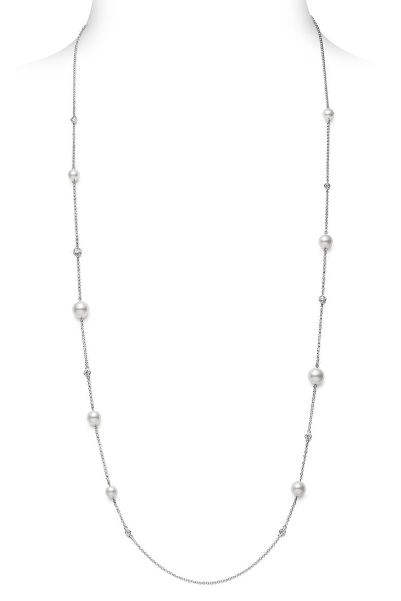 Japan Collections Pearl & Diamond Station Necklace, Main, color, WHITE GOLD/ PEARL