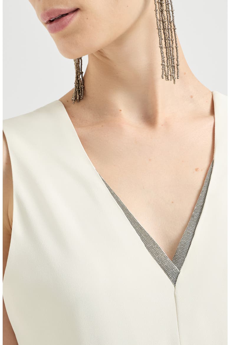Silk and acetate crêpe cady fluid dress with precious neckline, Alternate, color, Chalk