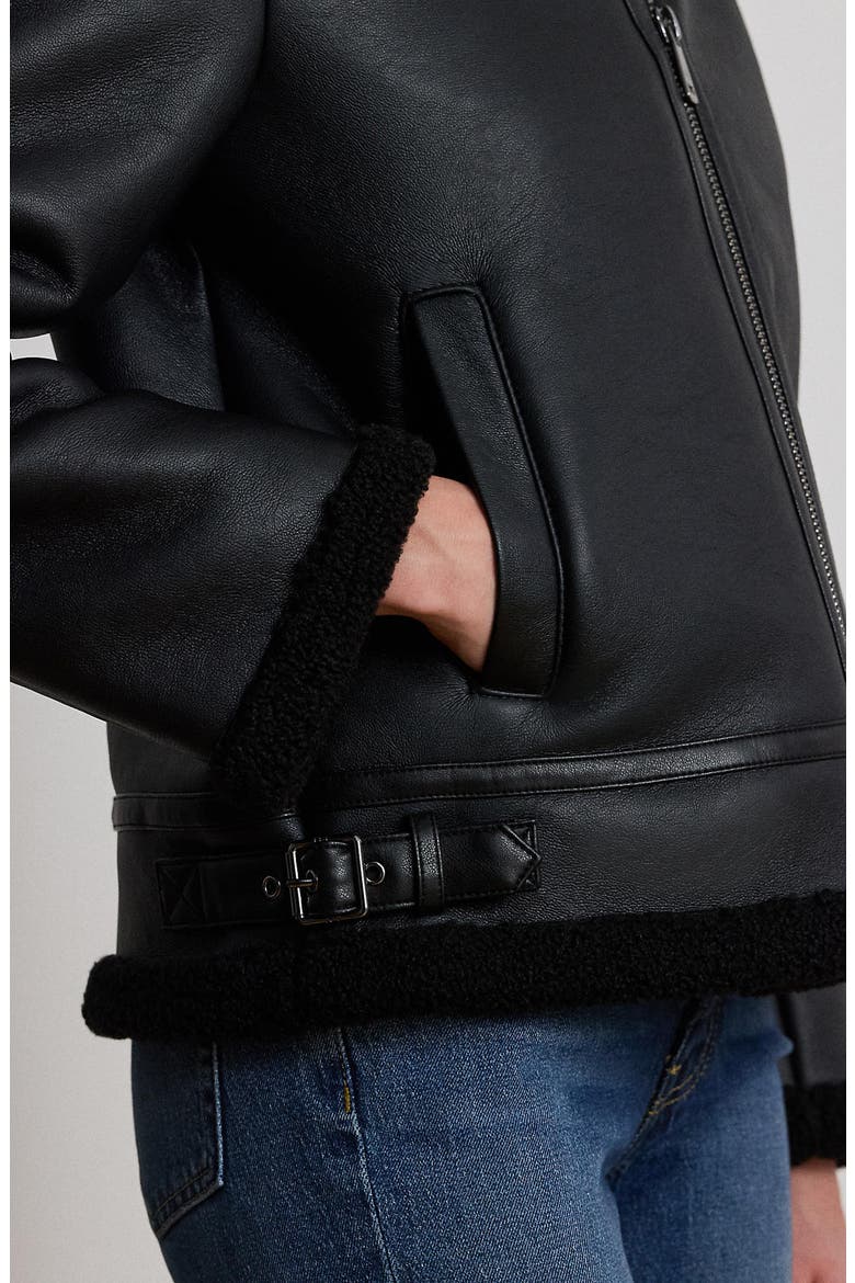 Faux Leather & Faux Shearling Bomber Jacket, Alternate, color, BLACK