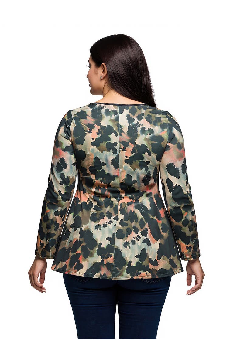 24seven Comfort Apparel Plus Size Multiprint Long Sleeve Scoop Neck A-Line Top, Alternate, color, Green Multi