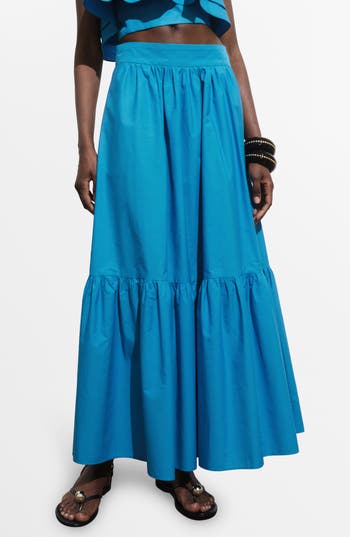 Mango Tiered Cotton Maxi Skirt In Blue