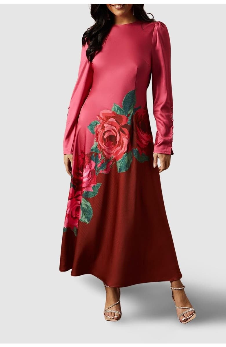 Oasis Premium Satin Placement Print Maxi Dress, Alternate, color, Pink