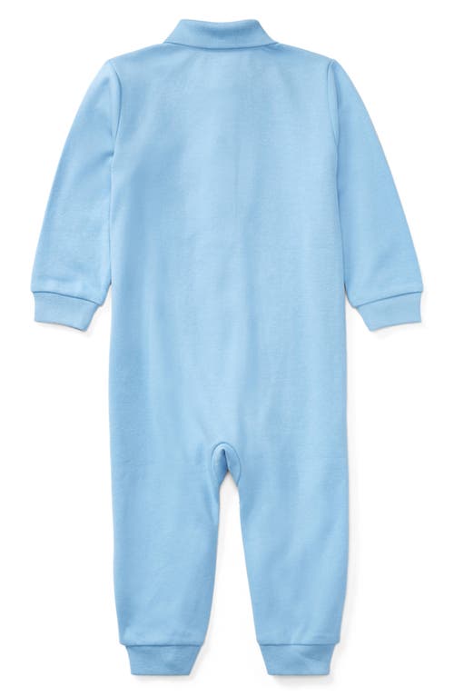 Ralph Lauren Solid Cotton Interlock Polo Romper In Blue