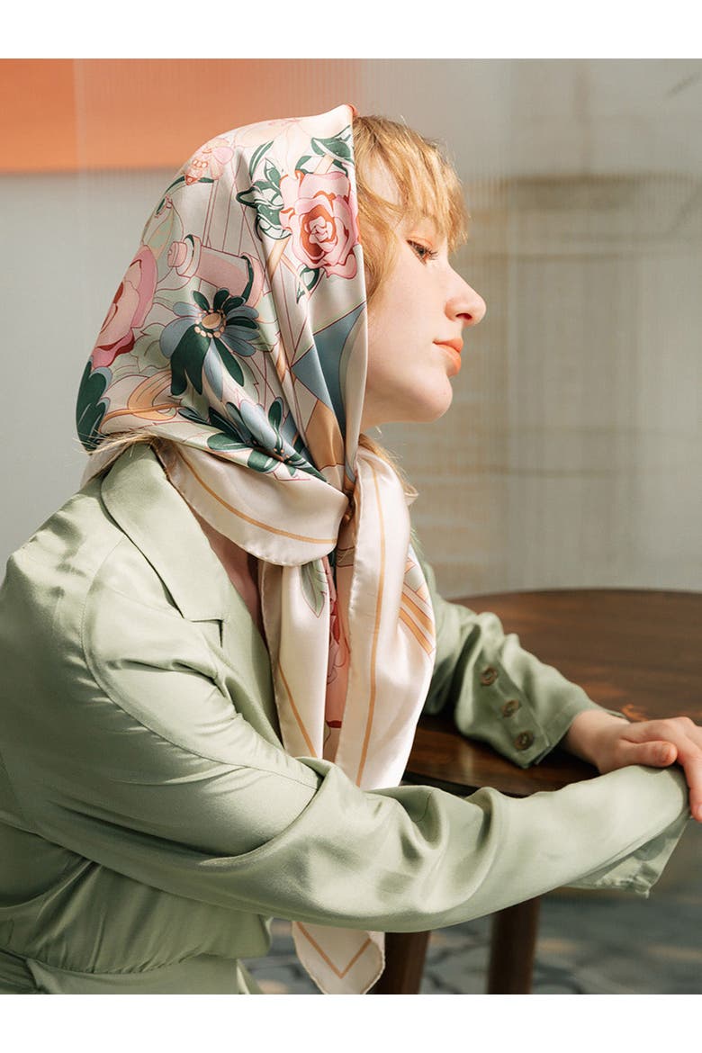 "Vintage Blooms" Large Silk Square Scarf, Alternate, color, Champagne