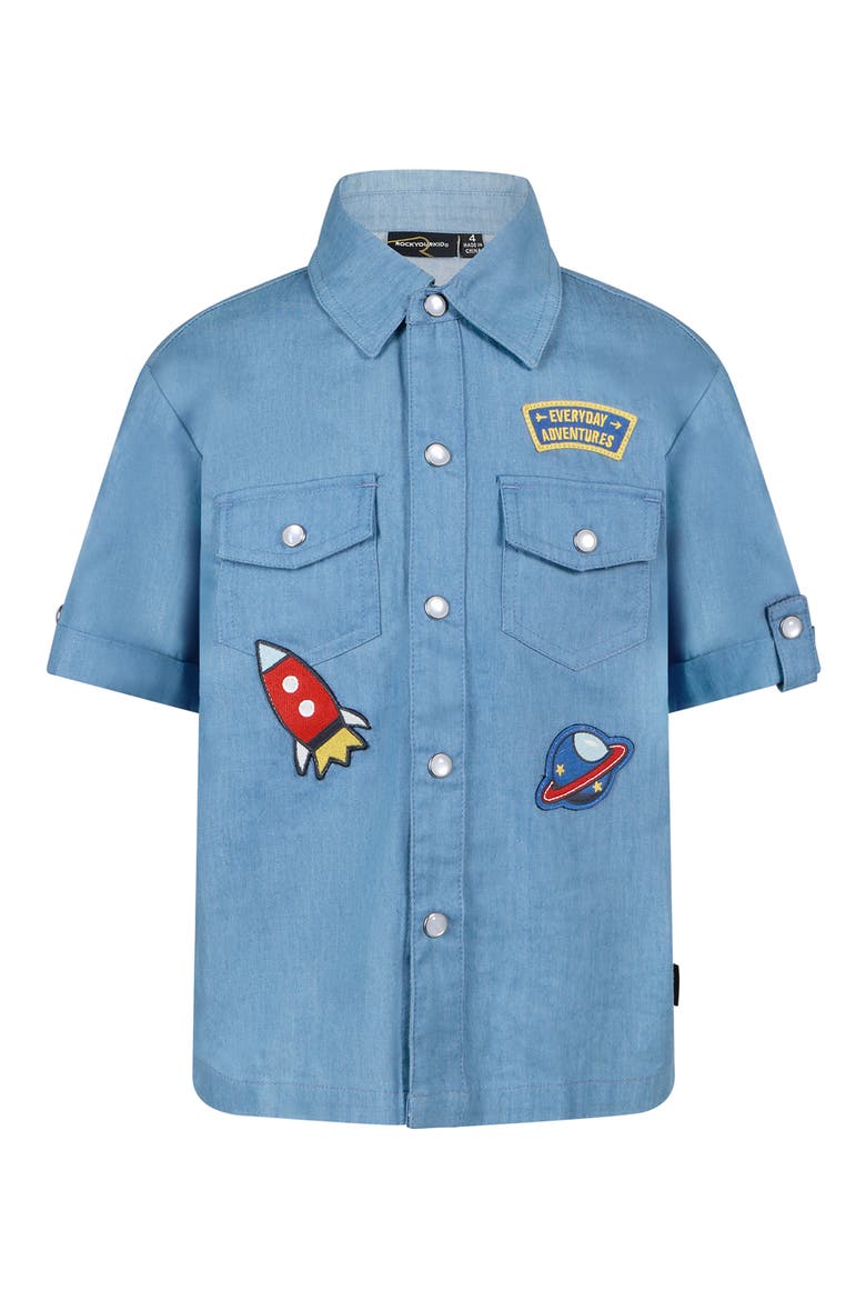Kids' Space Appliqué Short Sleeve Cotton Chambray Snap-Up Shirt, Main, color, LIGHT BLUE