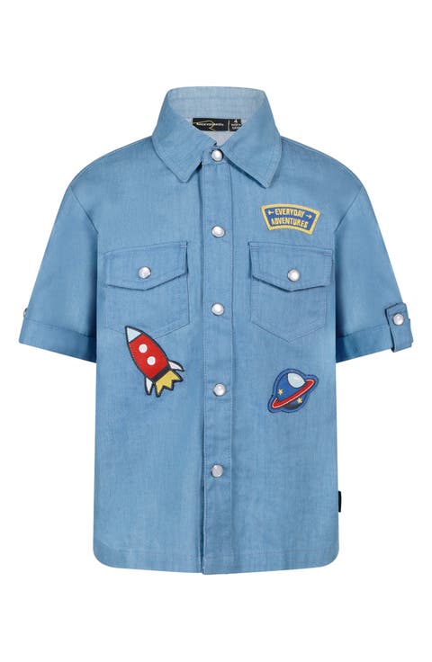 Kids' Space Appliqué Short Sleeve Cotton Chambray Snap-Up Shirt (Toddler, Little Kid & Big Kid)