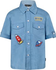 Rock Your Kid Kids' Space Appliqué Short Sleeve Cotton Chambray Snap-Up Shirt