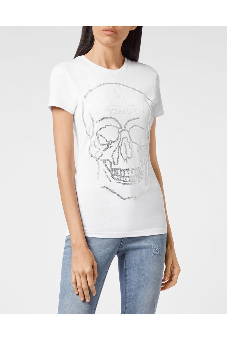 T-Shirt Round Neck Skull Women, Main, color, white