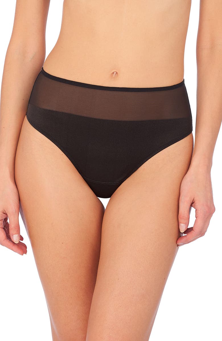 Natori High Waist Mesh & Jersey Thong, Main, color, Black