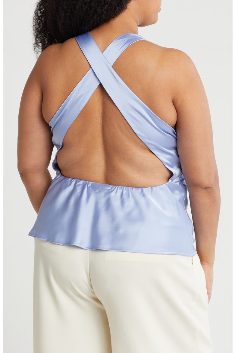 Open Back Ruched Sleeveless Satin Top, Alternate, color, BLUE