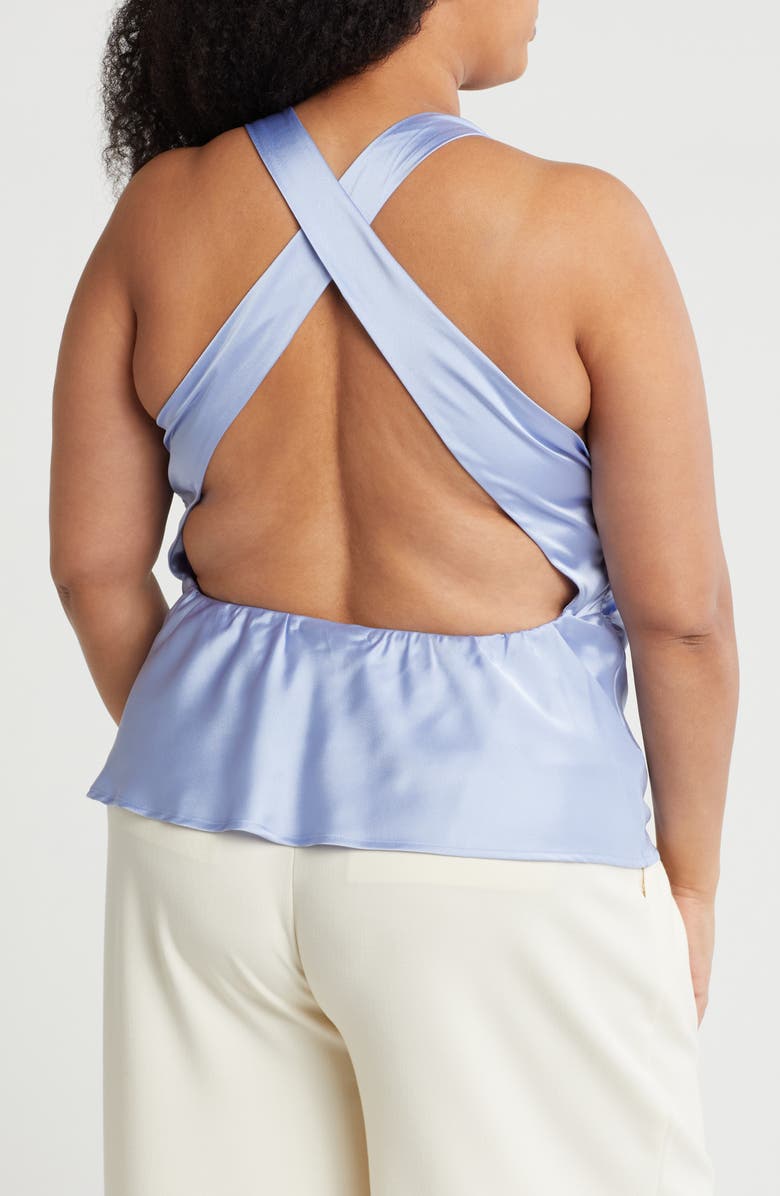 Renee C Open Back Ruched Sleeveless Satin Top, Alternate, color, Blue