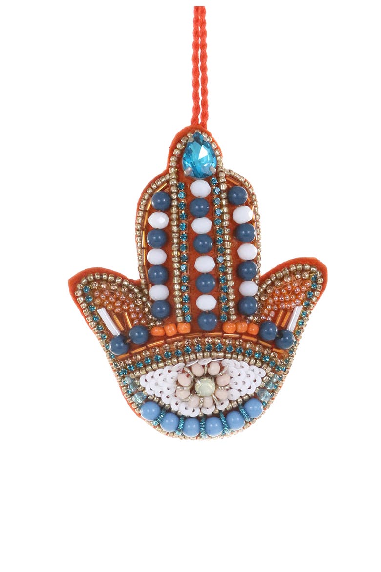 Beaded Hamsa Hand Ornament, Main, color, WHITE/ BROWN MULTI