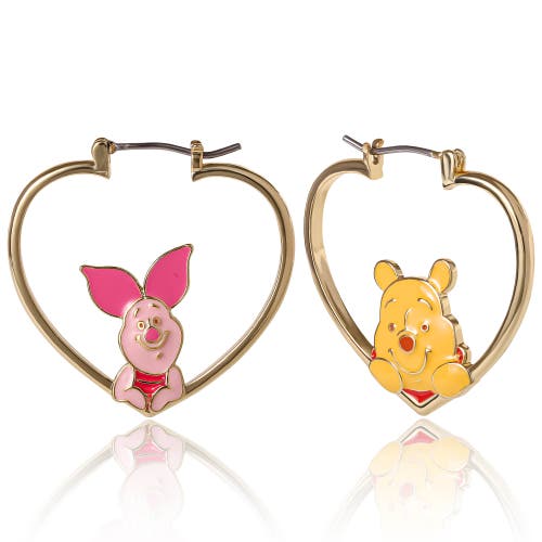 Disney Winnie The Pooh And Piglet Mismatched Heart Hoop Earrings In Gold