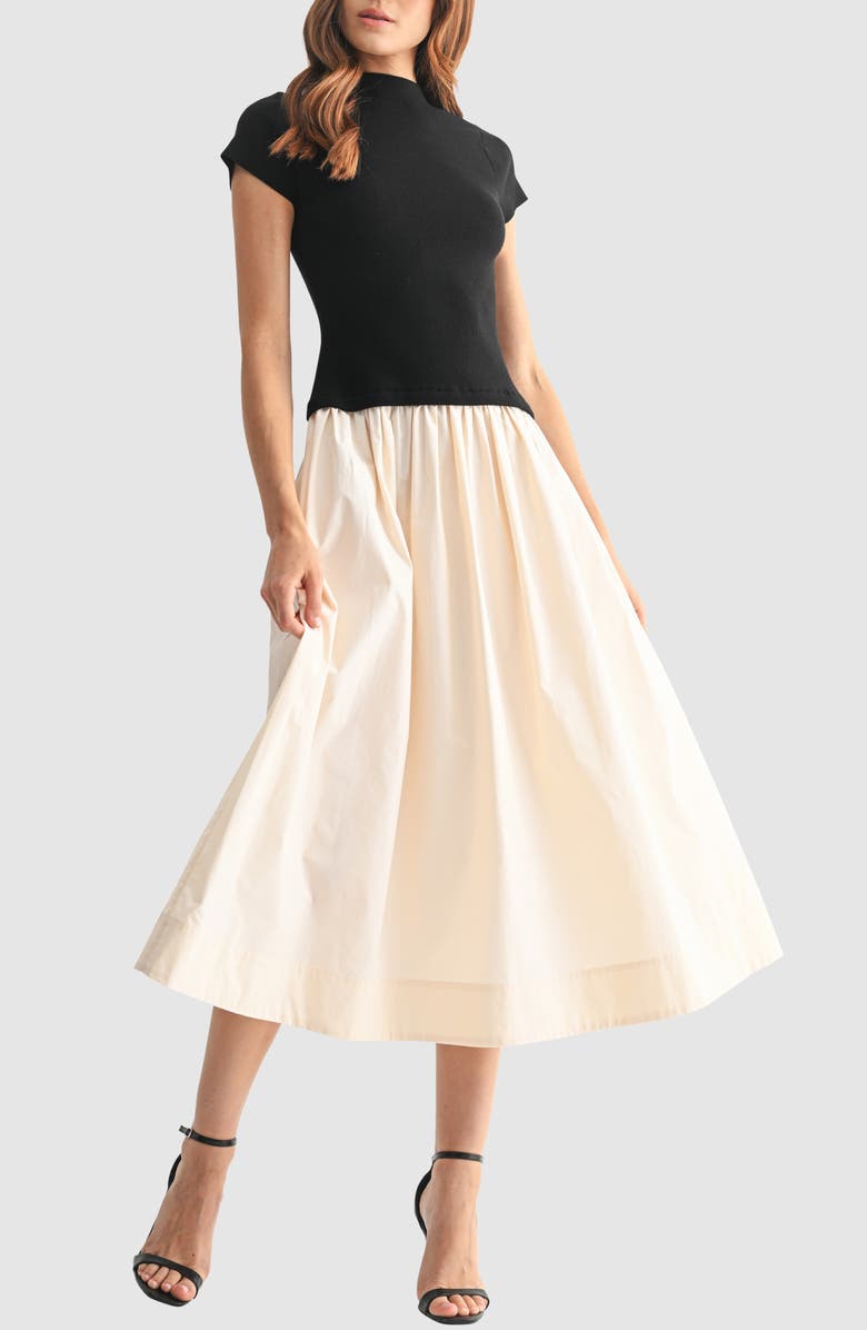 Mila Mae Cap Sleeve Mixed Media Dress, Alternate, color, Black Cream