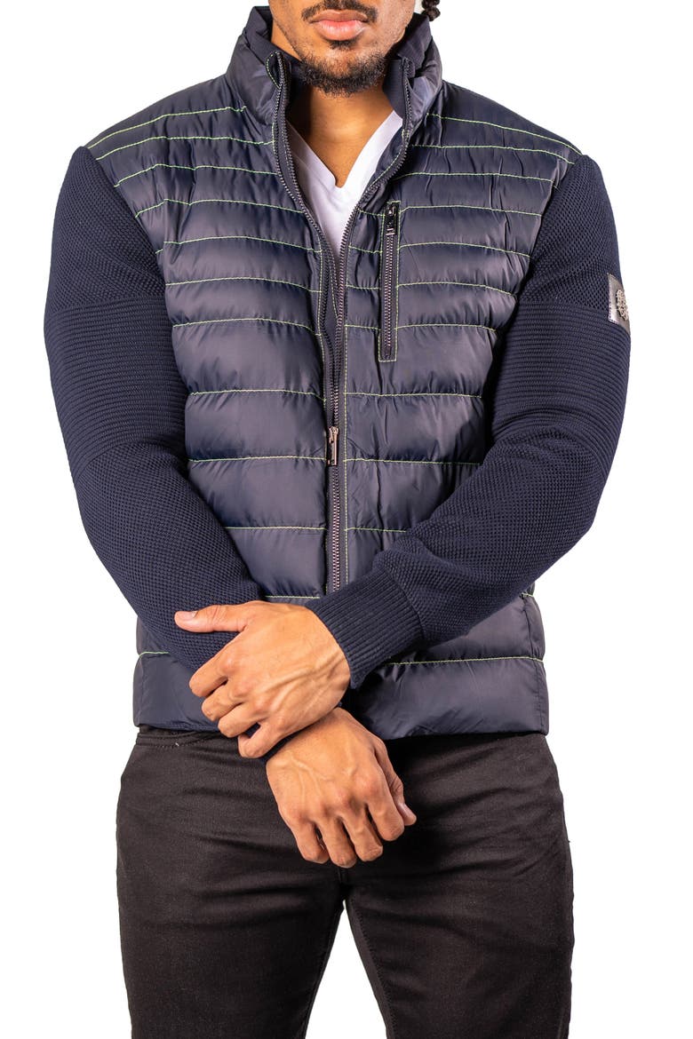 Quilted & Knit Bomber Jacket, Alternate, color, BLUE