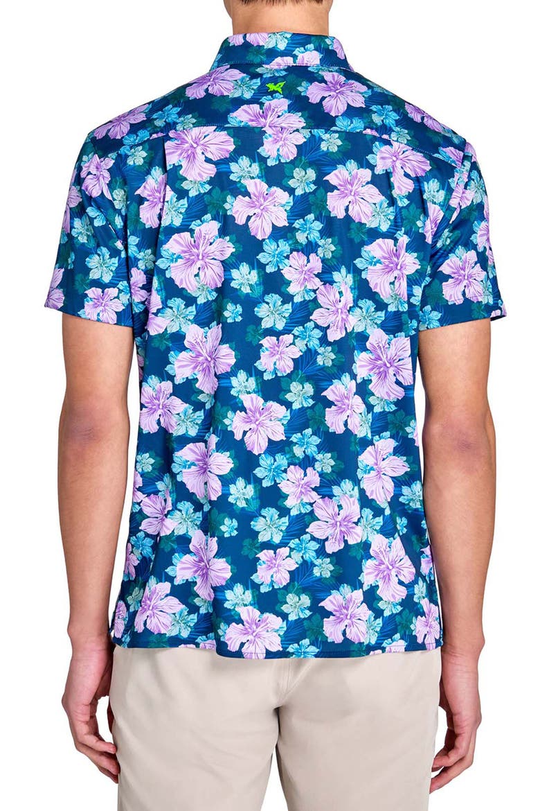 Regular Fit Layered Hibiscus Recycled Performance Golf Button-Down Shirt, Alternate, color, NAVY/PURPLE