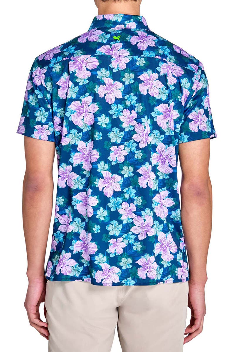 CONSTRUCT Regular Fit Layered Hibiscus Recycled Performance Golf Button-Down Shirt, Alternate, color, Navy/Purple