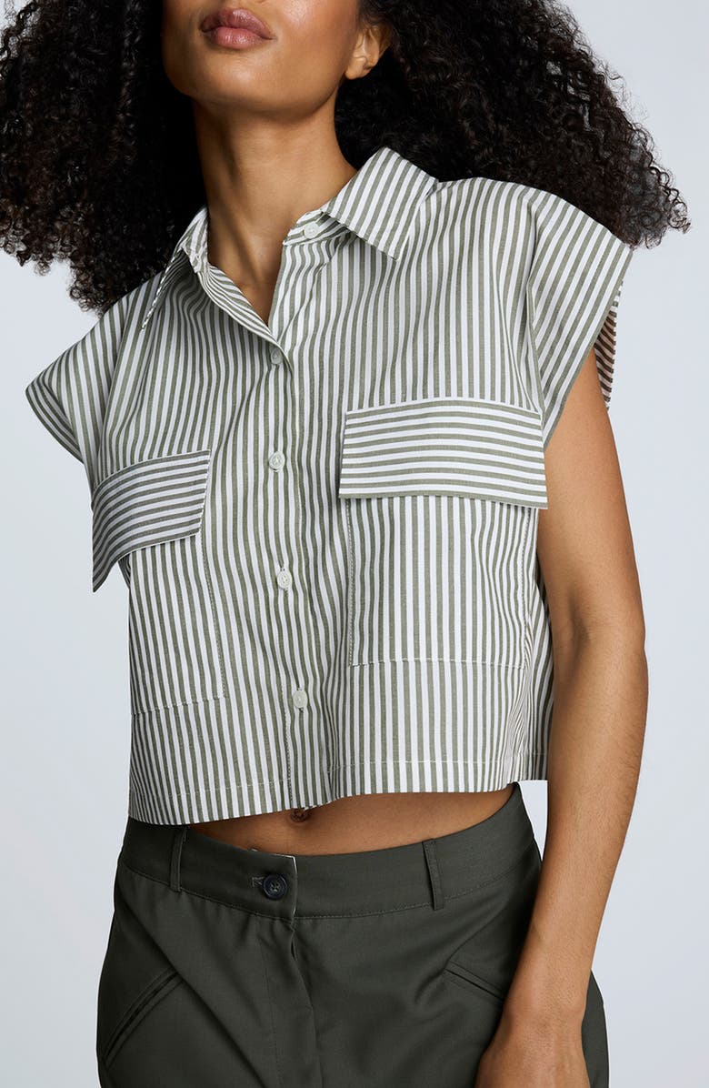 Kenneth Cole Stripe Short Sleeve Cotton Button-Up Shirt, Main, color, Pure Wht/ Camo Green